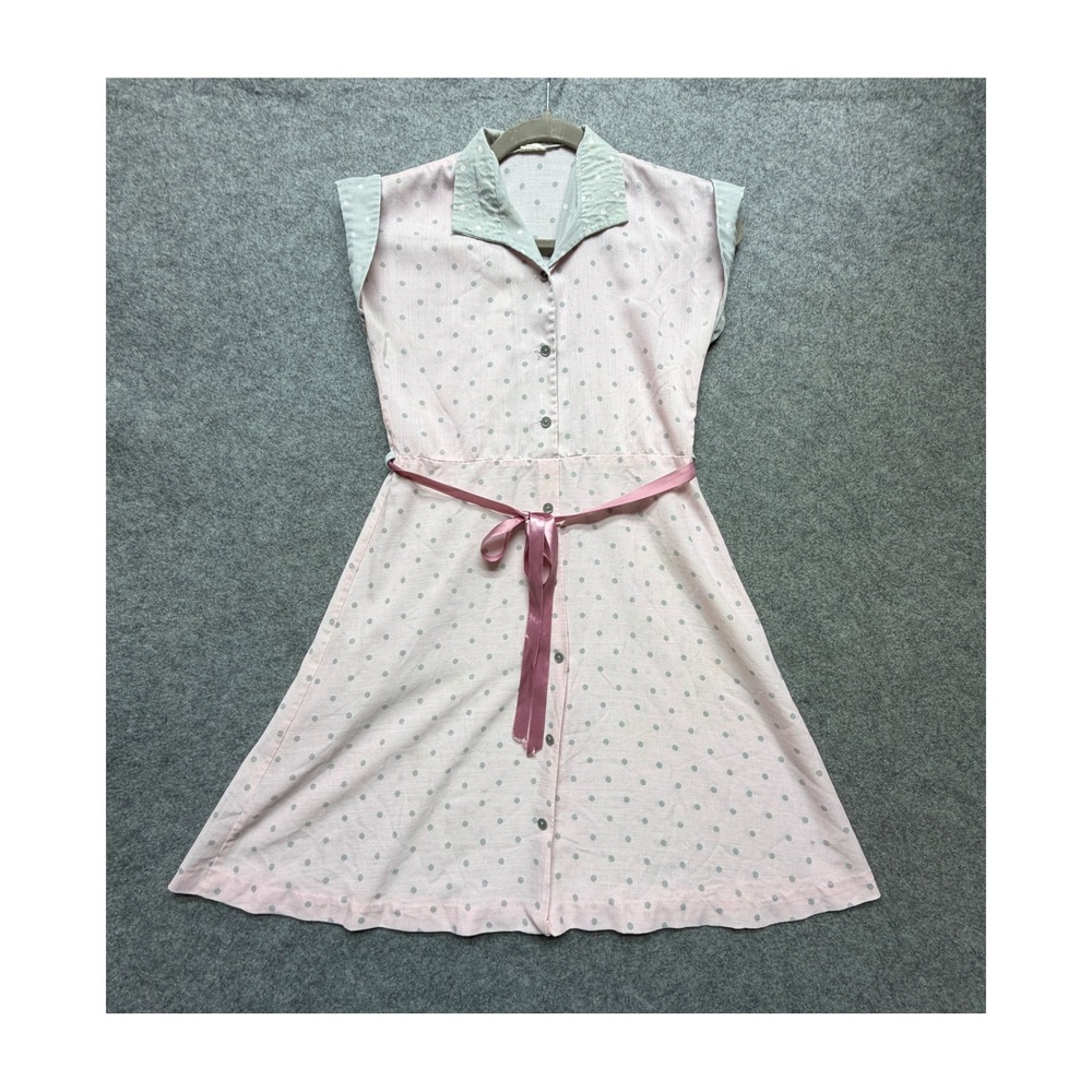 Vintage ILGWU Pink Polka Dot Shirt Dress Union Made A-Line Sleeveless Size 12